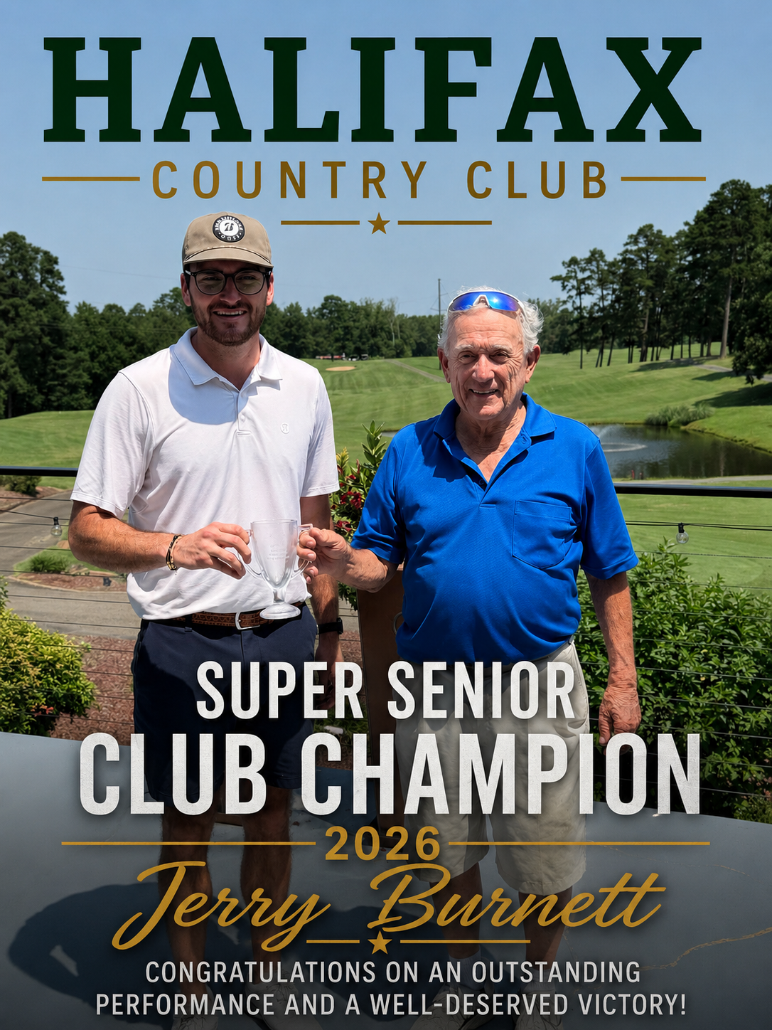 Jerry Burnett, 2026 Halifax Country Club Super Senior Champion, holding the trophy