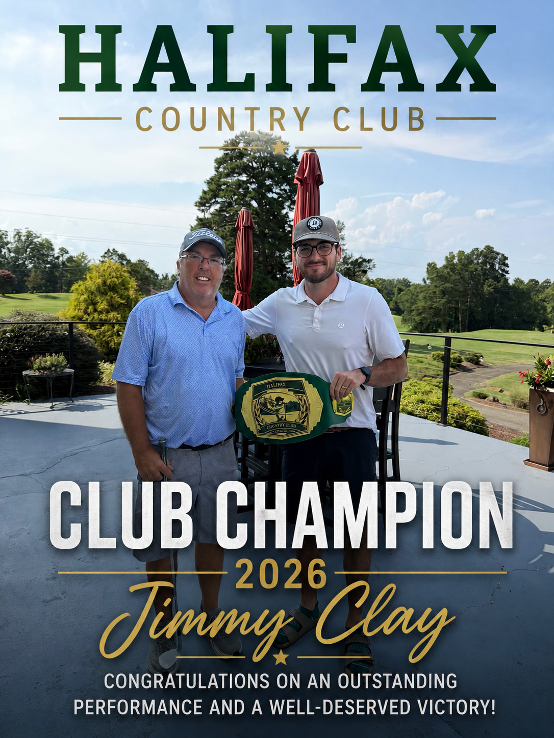 Jimmy Clay, 2026 Halifax Country Club Champion, holding the championship belt