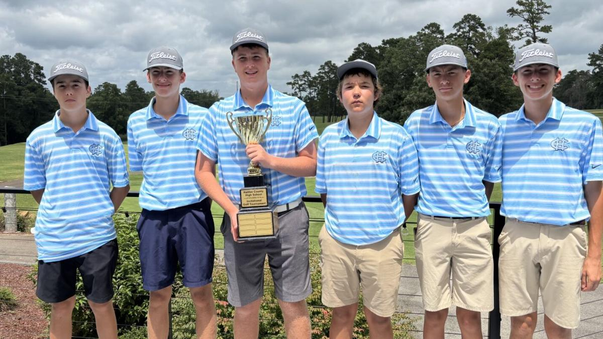 Halifax County High School golf team poses with the invitational trophy at Halifax Country Club